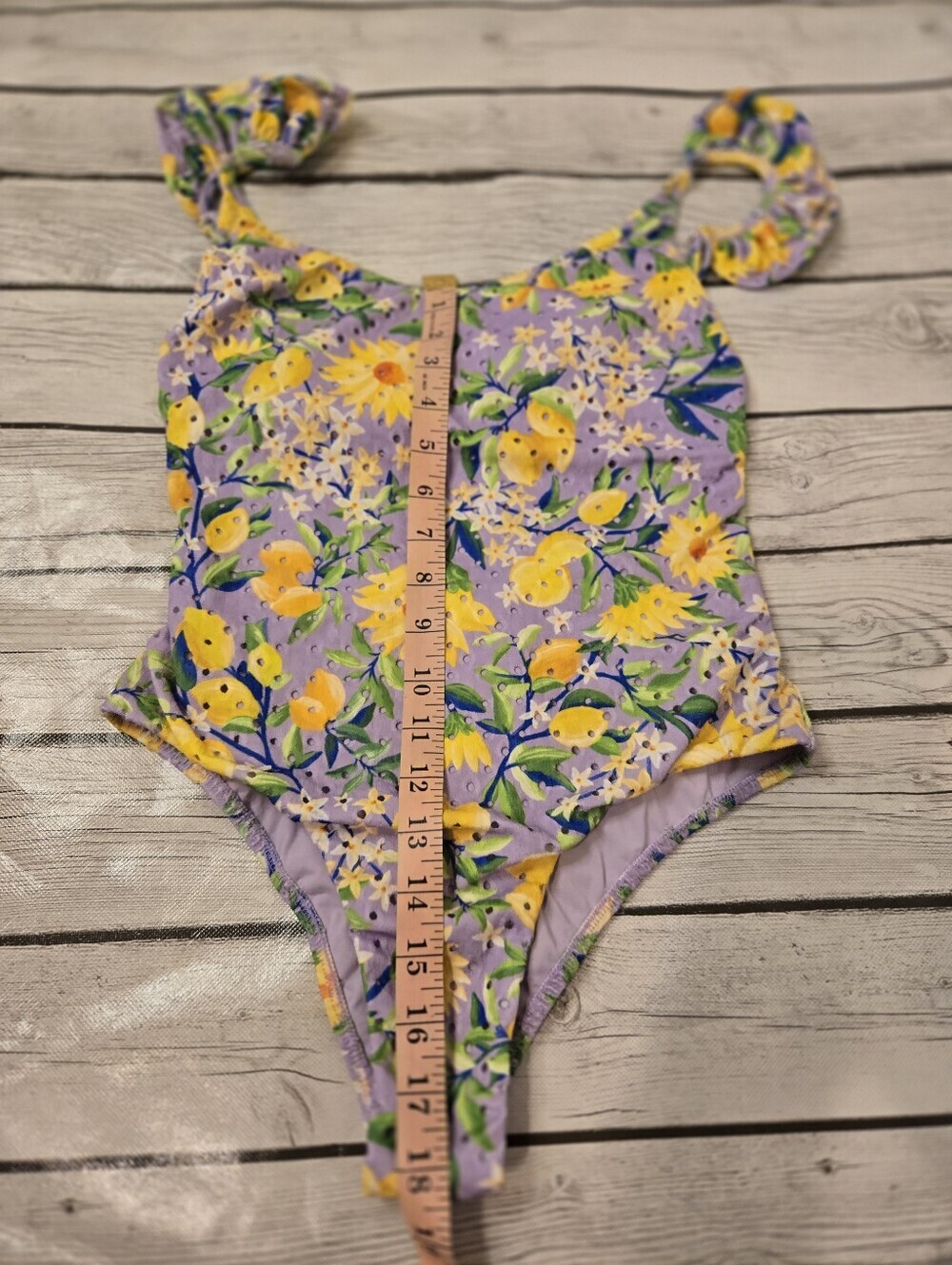 Farm Rio Praia One Piece Swimsuit US M Lavender Floral Lemon Ruffle Straps - Picture 6 of 11
